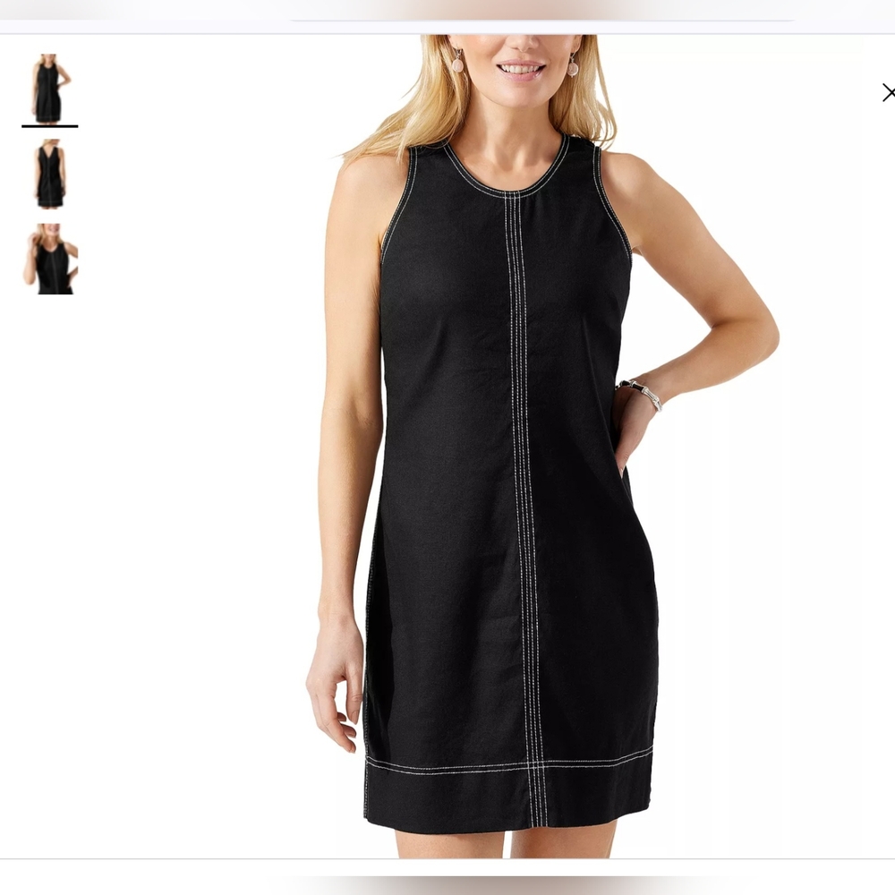 Tommy Bahama Black Sleeveless Asymmetrical Shift Dress with White Topstitching